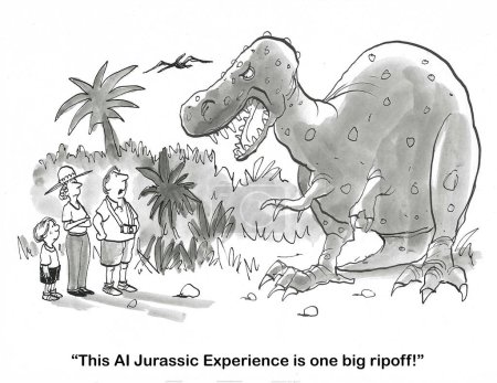 Caricatura de BW de un hombre que piensa que el dinosaurio es de AI. ¿Lo es??