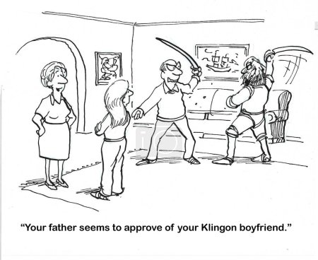 BW cartoon showing a boyfriend and girlfriend's father - they are sword fighting and seem to actually get along.