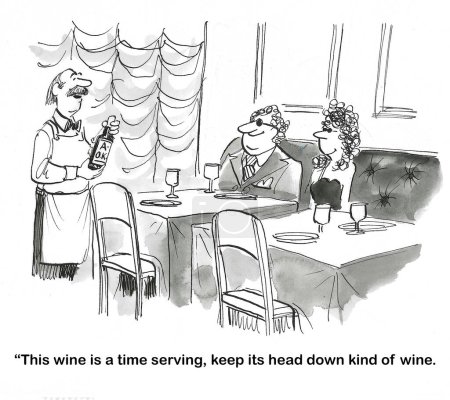 BW dessin animé d'un sommelier décrivant un vin de tous les jours aux clients.