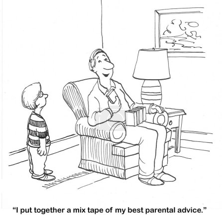 Téléchargez les photos : BW dessin animé d'un père remettant à son fils une cassette de son "meilleur conseil parental". - en image libre de droit