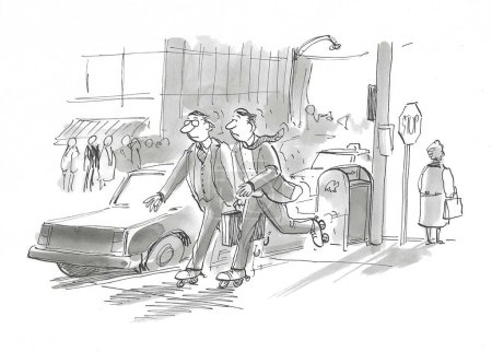 BW cartoon illustration of two male professionals in the city and rollerblading to a meeting.
