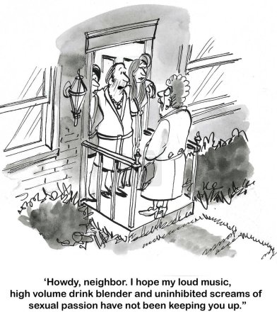 SW-Karikatur eines Mannes mit zwei Frauen, die an ihm hängen, antwortet auf die Bitte seines Nachbarn, "ruhig zu bleiben".