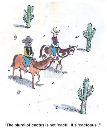 Photo for Color cartoon of two cowboys discussing the plural form of 'cactus'. - Royalty Free Image