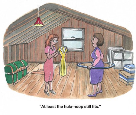 Color cartoon of two women looking at items from 20 years ago.  At least the hula-hopp still fits.