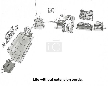 BW cartoon of a living room with everything spread very far apart - the man does not have any extension cords.