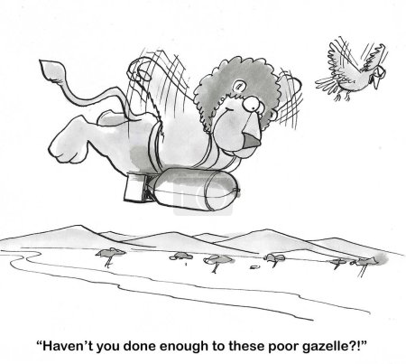 BW cartoon of a flying lion about to bomb a 'poor gazelle'.