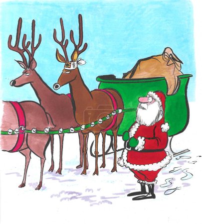 Color cartoon of Santa Claus and his sleigh where Santa realizes one of the reindeer is a kamikaze.
