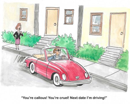 Color cartoon of a man in a sports car with a woman yelling at him.  She is not happy with him and insists on driving on their next date.
