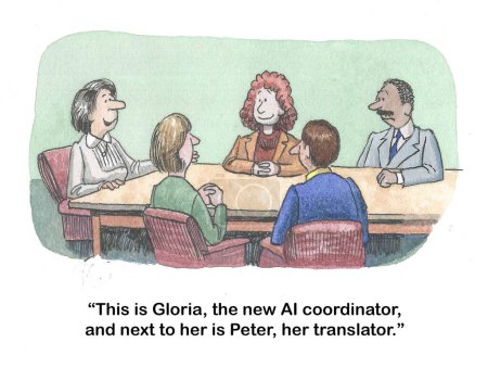 Dibujos animados a color de una reunión profesional. La jefa presenta a la nueva coordinadora de IA y su traductora.