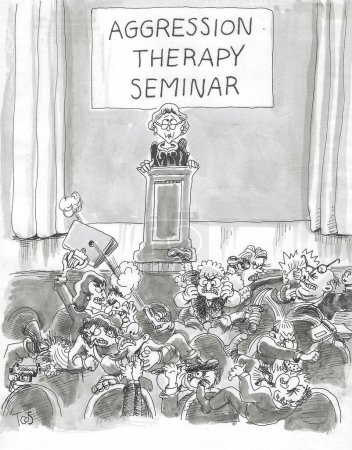 BW cartoon of the audience at an Aggression Therapy Seminar - they are all upset.