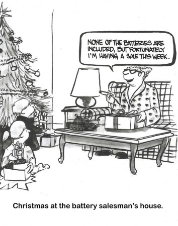 BW-Karikatur eines finsteren Vaters. Die Weihnachtsgeschenke der Kinder kamen ohne Batterien. Sie können von ihrem Vater, dem Batterieverkäufer, kaufen.