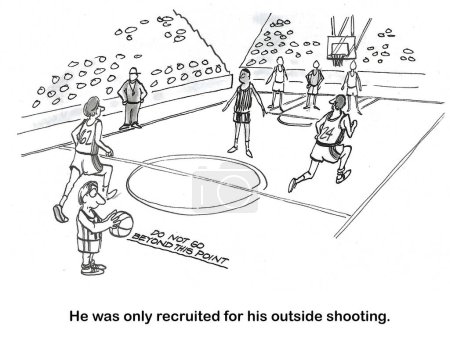 BW cartoon of short basketball player who can only shoot really long shots.
