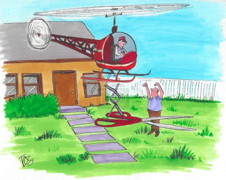 Foto de Dibujos animados a color de un hombre que intenta un nuevo invento de corte de césped para cortar la hierba de su patio. - Imagen libre de derechos