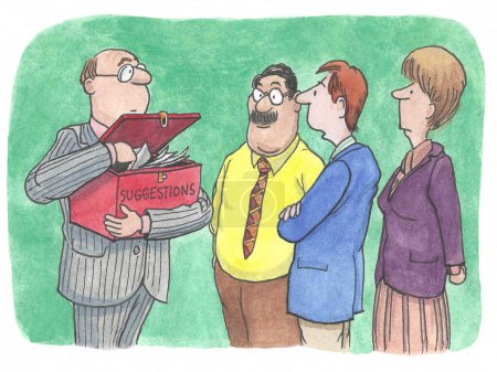 Foto de Dibujos animados a color de un jefe y sus tres empleados. Él está abriendo su caja de sugerencias, están nerviosos.. - Imagen libre de derechos