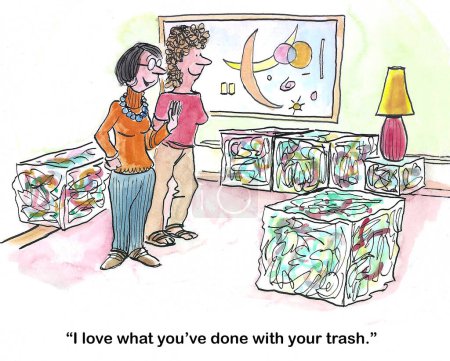 Téléchargez les photos : Caricature couleur montrant un spectacle de femme a converti ses ordures en meubles. - en image libre de droit