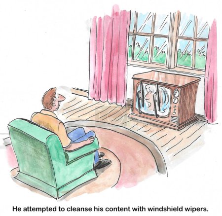 Photo for Color cartoon of a man cleansing the tv content with windshield wipers. - Royalty Free Image