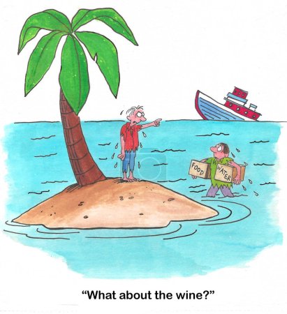 Color cartoon of two stranded boaters.  They have food and water, but no wine.
