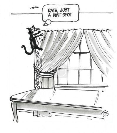BW cartoon of a cat who has climbed up (and ruined) a curtain only to discover it is dirt, not food.