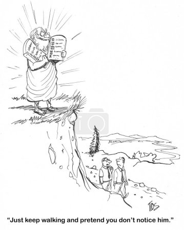 Téléchargez les photos : BW dessin animé de deux hommes marchant dans le désert et prétendant qu'ils ne voient pas Moïse avec les dix commandements. - en image libre de droit