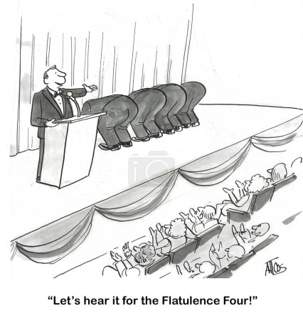BW cartoon of four men who create flatulence sounds for their audience.