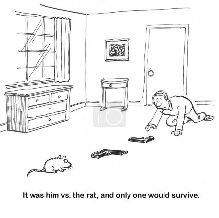 BW cartoon of a standoff between the man and the rat - they each had a handgun.