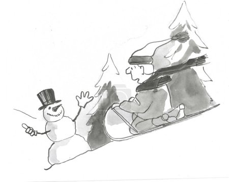 Téléchargez les photos : BW dessin animé d'un garçon luge dans les montagnes et un bonhomme de neige auto-stop et voulant un tour. - en image libre de droit