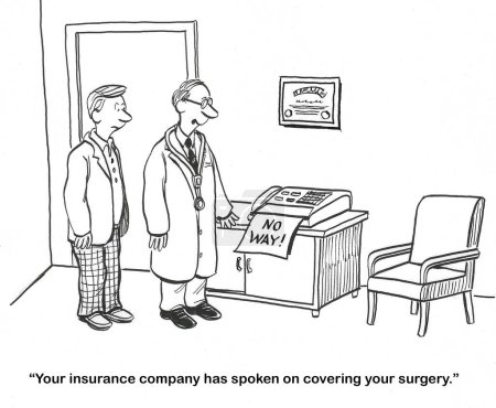 Téléchargez les photos : BW dessin animé d'un médecin et d'un patient. La compagnie d'assurance a dit au patient masculin qu'elle ne paierait pas pour son opération.. - en image libre de droit