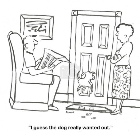 Téléchargez les photos : BW dessin animé d'un chien qui avait besoin d'aller dehors. Il n'a pas été laissé sortir alors il a créé sa propre porte. - en image libre de droit