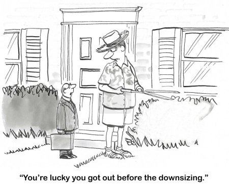 BW cartoon showing that the company downsizing actually reduced the physical size of its past employees.
