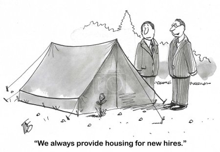 Téléchargez les photos : BW dessin animé montrant que le logement pour les nouvelles embauches professionnelles est une tente. - en image libre de droit