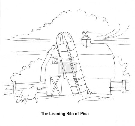 Foto de BW dibujos animados que muestran que el silo de la granja se inclina y está a punto de caer. - Imagen libre de derechos