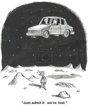 BW cartoon of a car floating over Mars.  The wife wants the husband to admit they are lost.