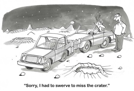 SW-Karikatur eines Mannes, der mit einem Außerirdischen spricht - sie hatten einen Verkehrsunfall auf dem Mars, als sie einen Krater umgingen.
