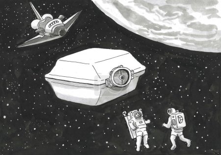 Foto de BW dibujos animados que muestran una enorme caja de bocadillos flotando en el espacio exterior. - Imagen libre de derechos