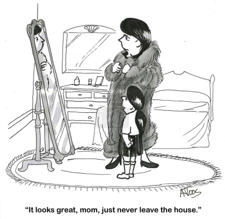 BW cartoon about a woman wearing a real fur coat - controversial.  Her daughter suggest 'just stay in the house'.