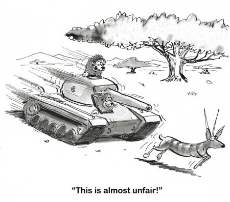 Foto de BW caricatura de leones persiguiendo una gacela en un tanque militar y darse cuenta de que tienen una ventaja injusta. - Imagen libre de derechos