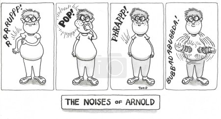 BW cartoon of the different sounds the boy can make with his body.