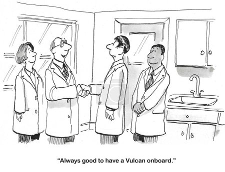 BW cartoon of a boss welcoming the Vulcan to the team.