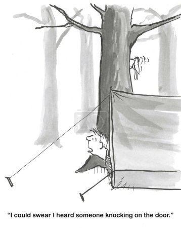 BW dessin animé d'un homme campant dans une tente. Derrière lui, un pic picore sur un arbre. L'homme n'arrête pas d'entendre frapper à sa "porte".