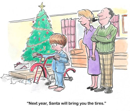 Caricature couleur d'un jeune garçon avec son premier vélo à Noël. Le problème est que le Père Noël a oublié d'apporter les pneus, ils viennent l'année prochaine.