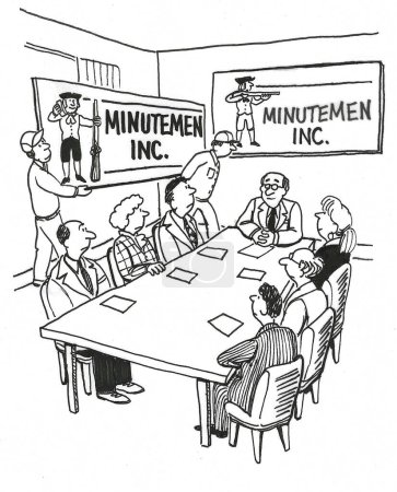 BW cartoon of workers in a business meeting as contractors bring in signs with a new company name.