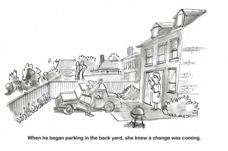 Photo for BW cartoon of a wife seeing a change in her husband's behavior, he is parking the car in the backyard. - Royalty Free Image
