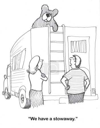 Caricatura de BW mostrando a una pareja viajando en una caravana. Tienen un oso salvaje como polizón.