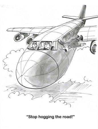 BW dessin animé d'un homme volant bouleversé par l'avion qui prend trop d'espace aérien.
