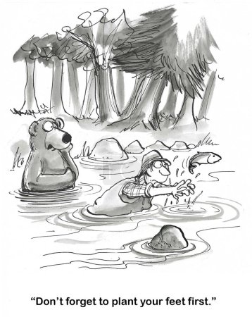Téléchargez les photos : BW dessin animé d'un homme essayant d'apprendre à attraper des poissons comme un ours sauvage. - en image libre de droit
