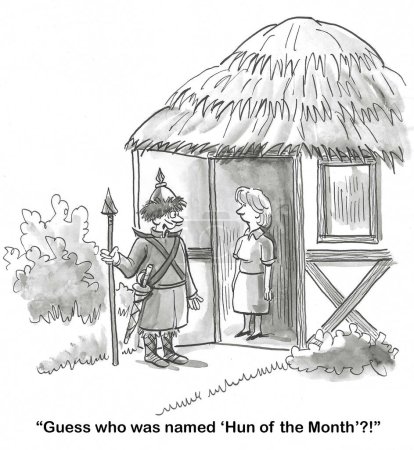 BW cartoon of a proud husband telling his wife he was named 'Hun of the Month'.