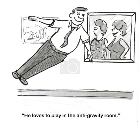 BW cartoon of a man enjoying flying in the anti-gravity room.