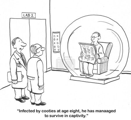 BW cartoon of a man infected by cooties at age 8, he must live in isolation.