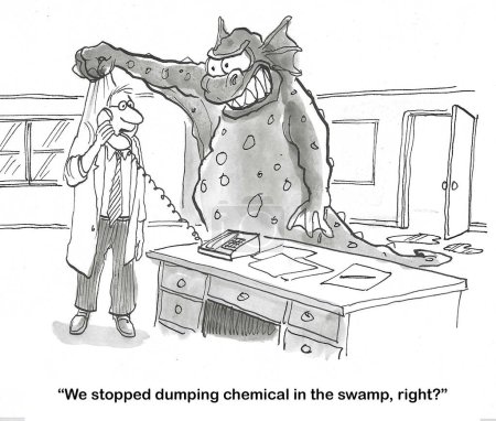 Téléchargez les photos : BW dessin animé d'un monstre marécageux qui commence à attaquer un employé de laboratoire, il demande au patron s'ils ont cessé de jeter des produits chimiques dans le marais. - en image libre de droit