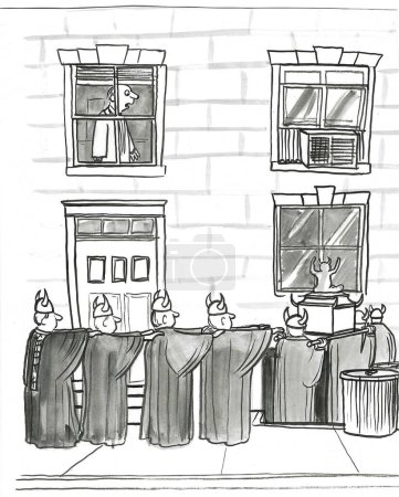 Foto de BW caricatura de paganos reunidos en el sótano del hombre. - Imagen libre de derechos
